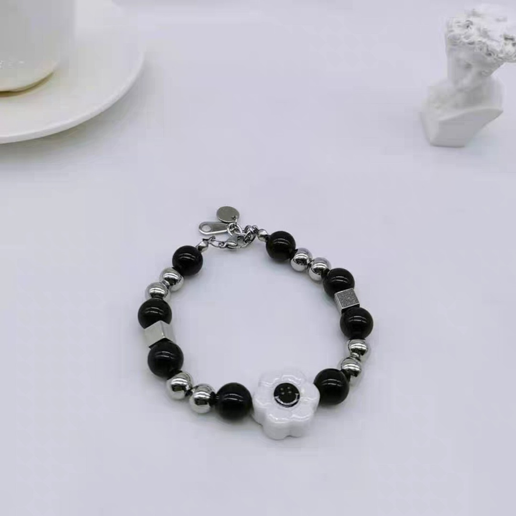 Vòng Tay Chuỗi Hạt Ngọc Trai Đen Mặt Hoa Hướng Dương Mặt Cười Phong Cách Nhật Hàn Quốc