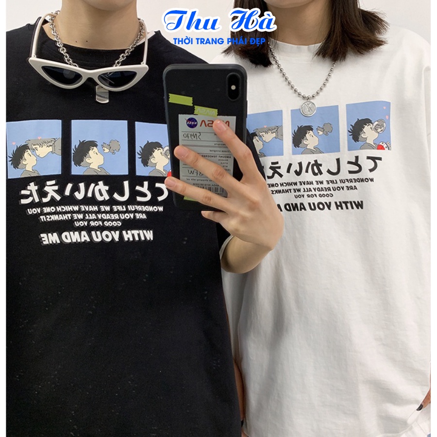 Áo thun nam nữ unisex form rộng tay lỡ Thu Hà chất liệu mềm mát co giãn in chữ With Yeo And Me