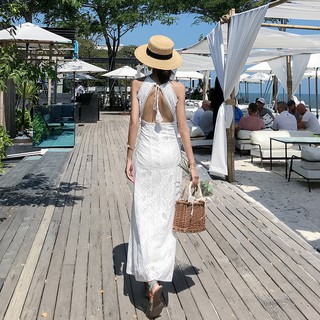 Đảo Maldives phong cách nghỉ ngơi Thái Lan hở lưng váy ren gợi cảm Bãi biển Bali