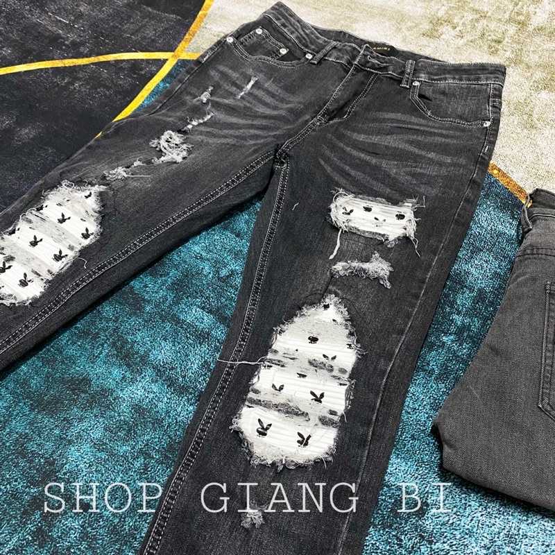 Quần jean vá trắng họa tiết thỏ playboy,quần jean vá da nhăn hình thỏ khâu viền amiri dáng slimfit