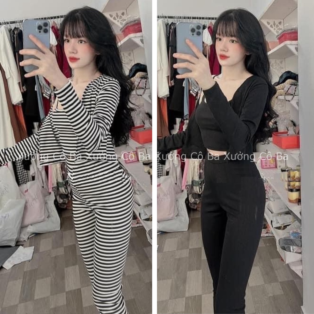 Set bộ nữ dài sang chảnh áo 2 dây kèm áo khoác, quần legging, chất thun gân co giãn tốt - Xưởng sỉ Cô Ba