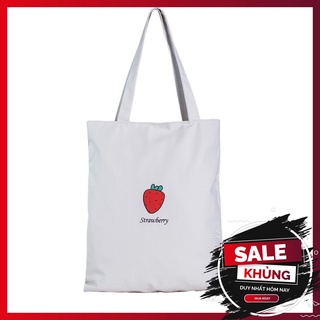 Túi tote vải mềm nữ chất vải CANVAS in quả dâu trắng T342