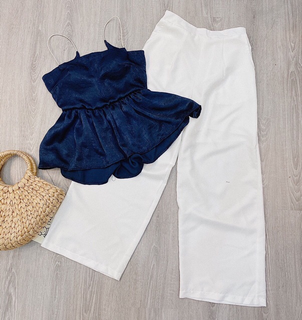 Set áo peplum xanh & quần trắng