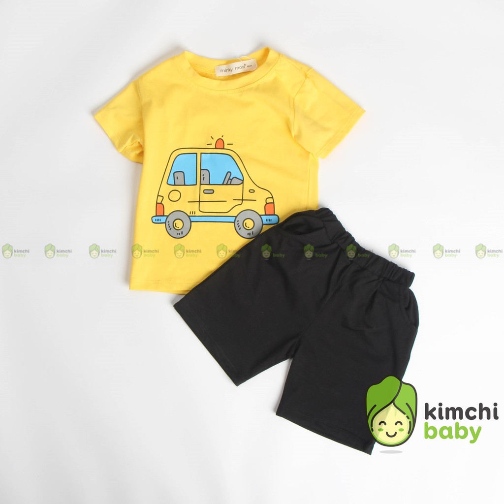 Đồ Bộ Bé Trai Minky Mom Vải Cotton 100% Họa Tiết Khủng Long Ô Tô Quần Cạp Có Túi, Bộ Cộc Tay Cho Bé Mùa Hè MKM2117