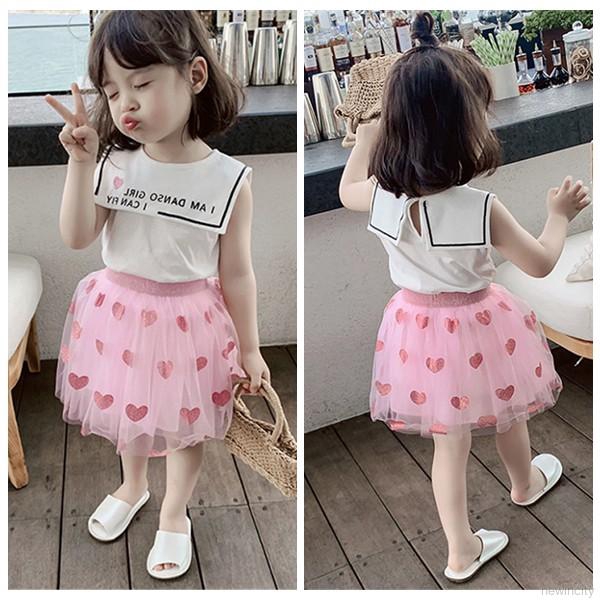 Bộ áo thun sát nách in hình trái tim + chân váy lưới xòe đáng yêu cho bé gái