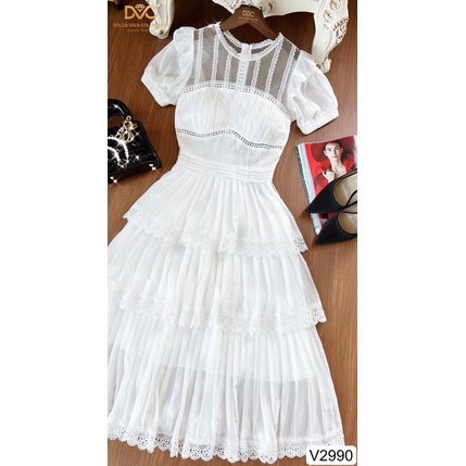 V2990 váy 3 tầng dáng xoè xếp ly màu trắng