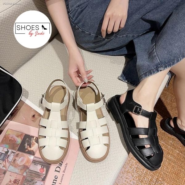 Sandal chiến binh đế bằng quai dọ 2 màu trắng đen khóa cài Sudi Shoes SD065 AHF mẫu dép xăng đan học sinh hot trend 2022