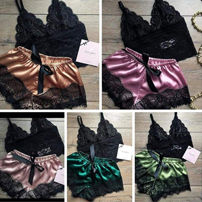 Set Đồ Ngủ 2 Dây Vải Satin Phối Ren Quyến Rũ Cho Nữ