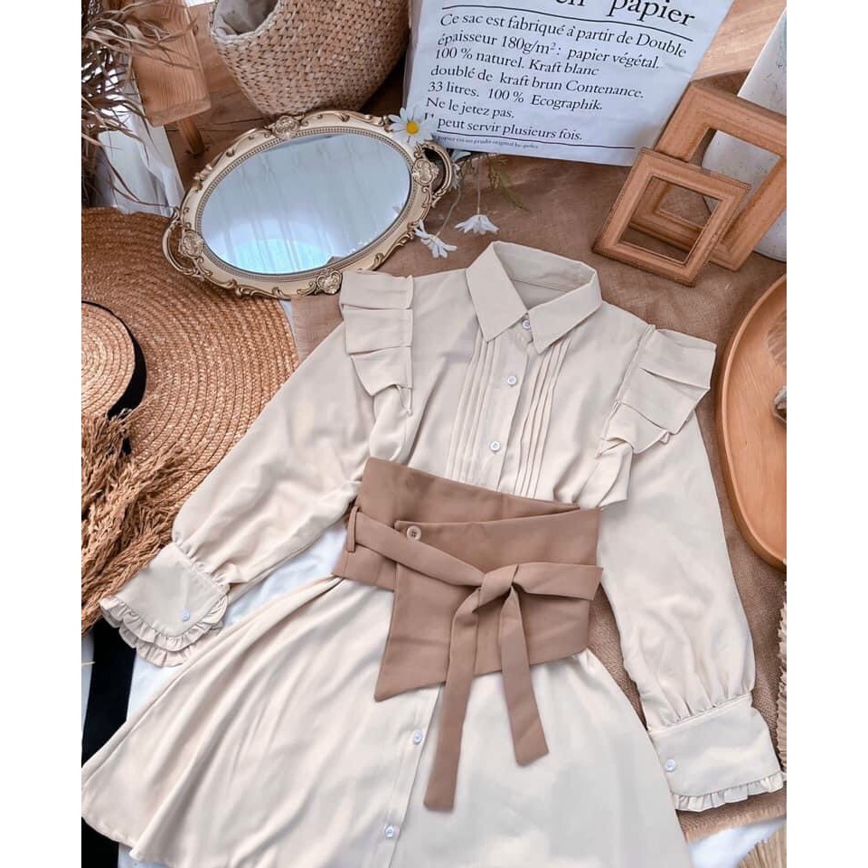 Váy Nữ, Đầm Thiết Kế Cho Nữ Đầm Sơ Mi Bèo Cổ Nude Đai Bụng Siêu Xinh Phong Cách Hàn Quốc. | BigBuy360 - bigbuy360.vn