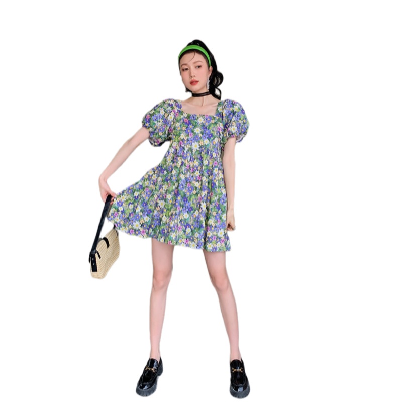 Đầm công chúa dáng rộng họa tiết hoa nhiều màu sắc thời trang mùa hè Hàn Quốc cho nữ