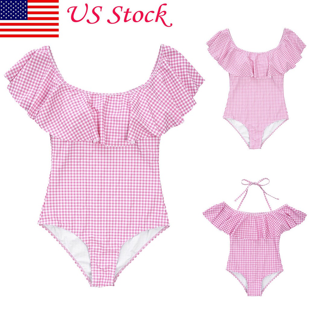 E.A-2019 Parent-child Swimsuit Mom Kids Checkered Leotard Bikini Beach Swimwear