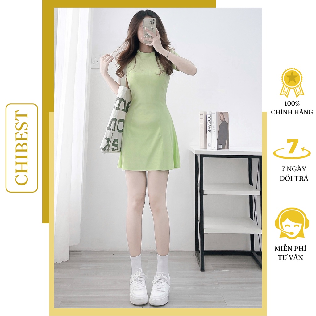 Đầm xòe nữ midi dự tiệc cổ tròn tay ngắn tiểu thư chất liệu thun tăm gân LDB72 CHIBEST