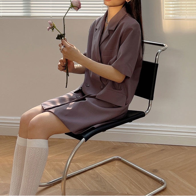 AMOI Đầm Ngắn Phối Hai Hàng Nút Phong Cách Retro Cao Cấp