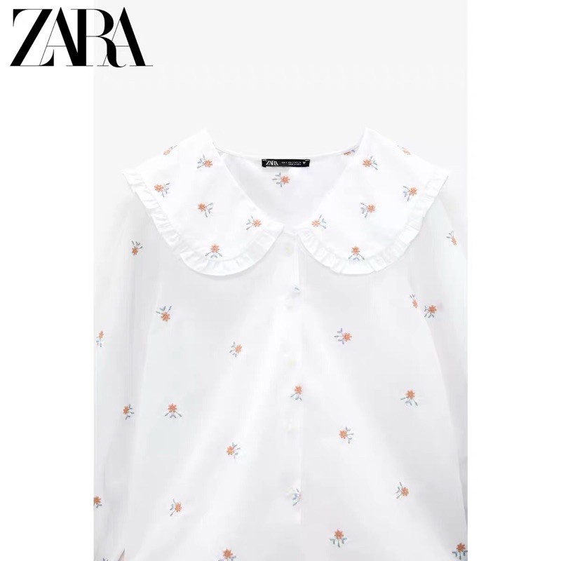 Áo sơ mi nữ Zara màu trắng thêu hoa new best seller 2021 dài tay cổ sen