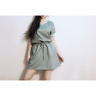 Đầm linen tay ren dây rút eo