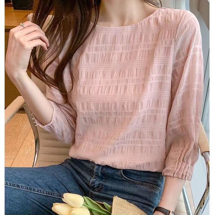 Áo Sơ Mi Chiffon Tay Lửng Cổ Tròn Màu Trơn Thời Trang 2022