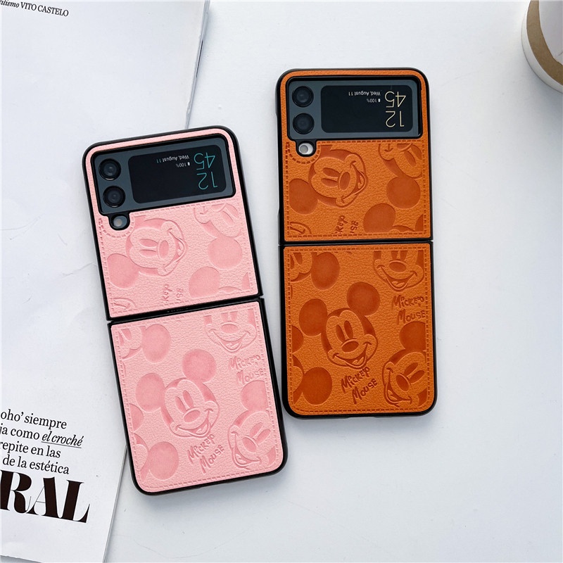 Ốp Điện Thoại Da PU Họa Tiết Hoạt Hình Minnie Mickey Chống Sốc Cho Samsung Galaxy Z Flip 1 2 3 4 5G Z Flip3 Flip4