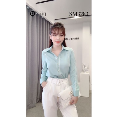 Áo Sơ Mi Xanh nữ trơn họa tiết Bạc Hà chất lụa đẹp form công sở thanh lịch Liin Clothing SM3283