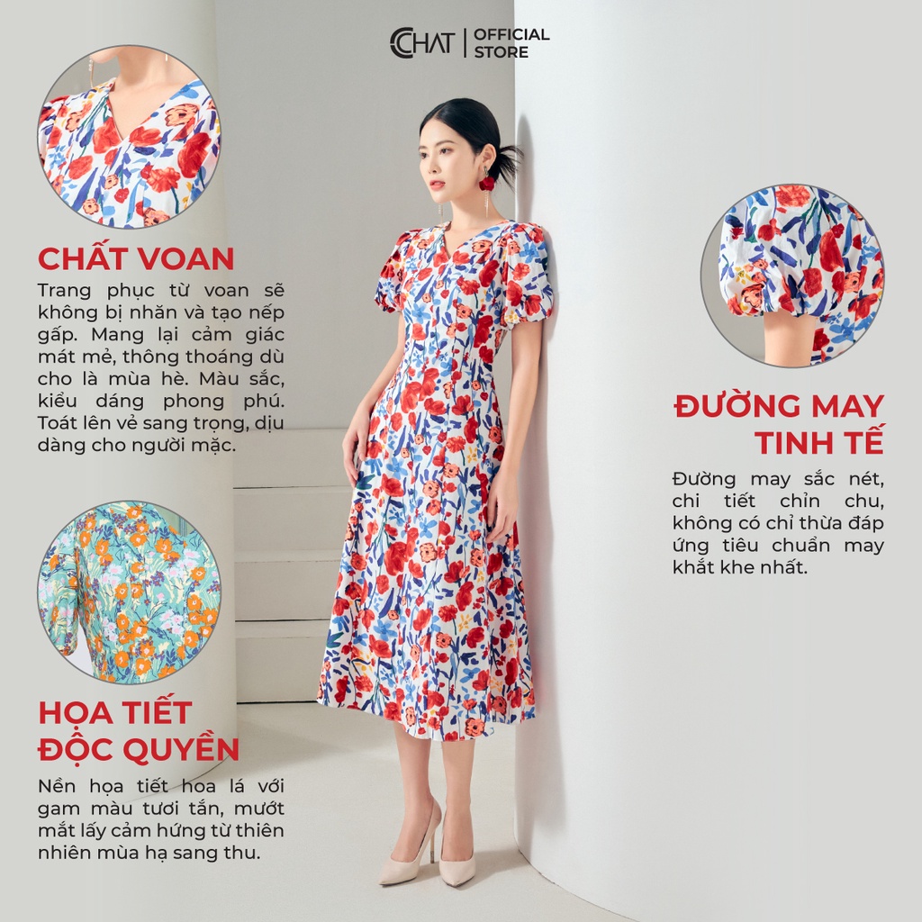 Đầm Nữ 𝐂𝐂𝐇𝐀𝐓 Cổ V Dáng Xòe Chất Voan Cao Cấp Phong Cách Trẻ Trung 12VNV5043XT