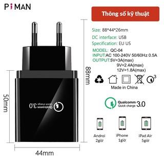 Củ sạc siêu nhanh 4 cổng USB hỗ trợ Quick Charge QC 3.0