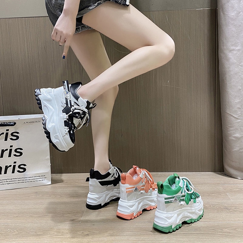 Giày Thể Thao Đế Dày 10cm Màu Xanh Lá Cây Thoáng Khí Phong Cách Châu Âu Cho Nữ