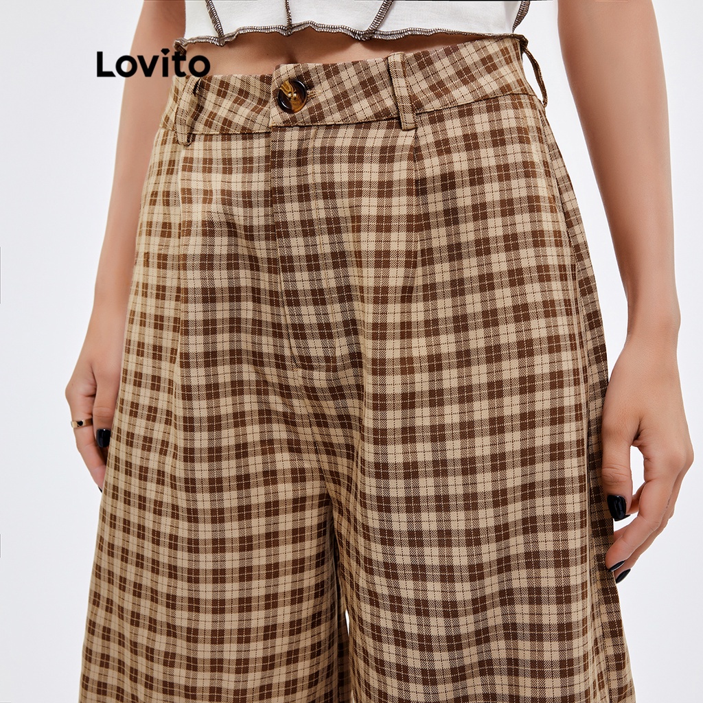 Quần short Lovito Bermuda kẻ caro phong cách thường ngày L25AD052 (màu kaki)