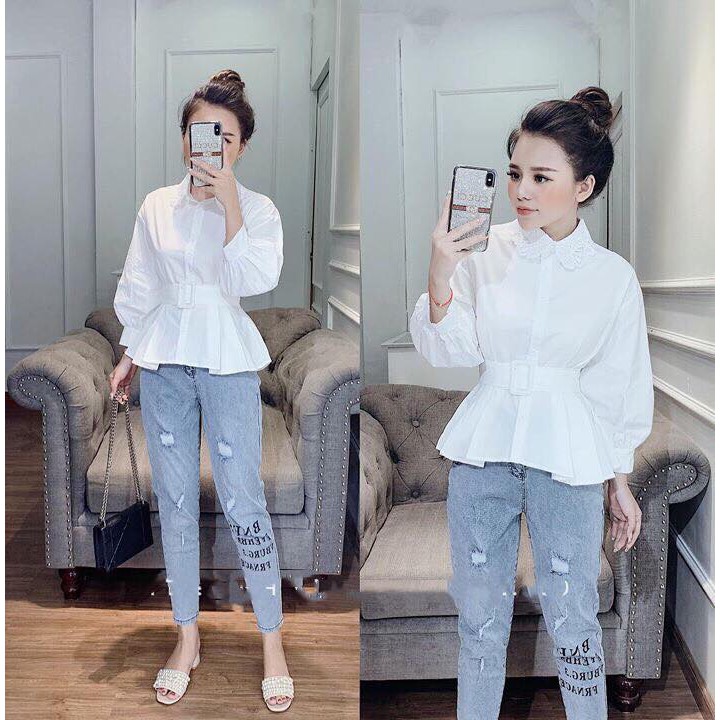 sơmi trắng cổ ren