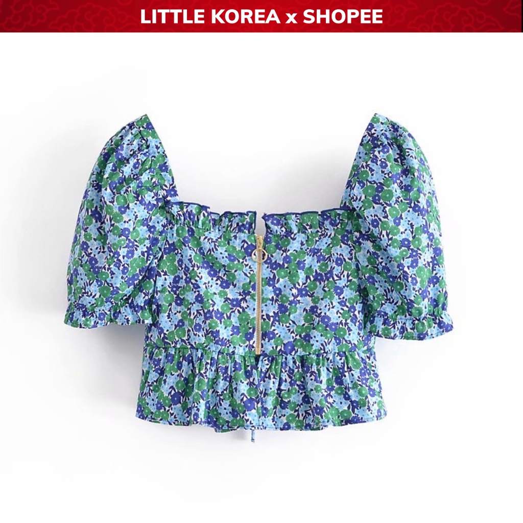 Áo Croptop Nữ Hoa Xanh Chất Đũi Thô Kiểu Cổ Chữ V Tay Bồng Ngắn - LITTLE KOREA