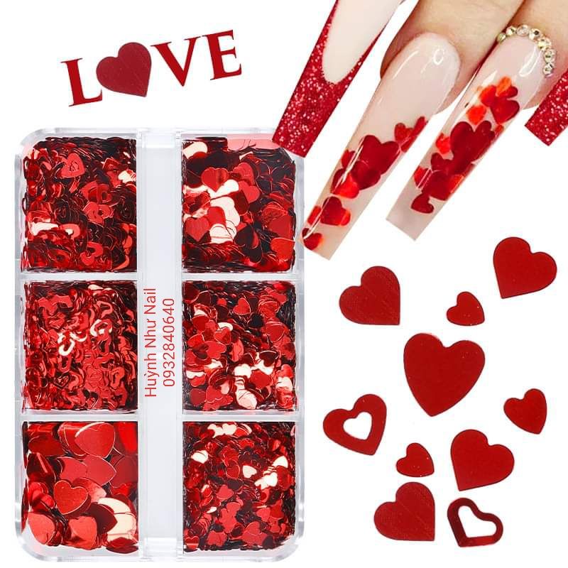 HỘP TIM ẨN NAIL 6 Ô TONE ĐỎ + NHIỀU HÌNH