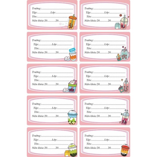 Bịch 4 tờ  nhãn vở dán tập dễ thương mẫu bò sữa/trà sữa/bạch tuộc/bơ/bốn mùa