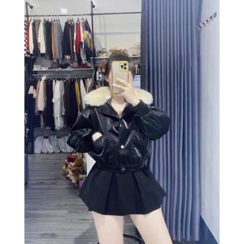 Áo da nhung tuyết lót lông hoạ tiết dập nổi