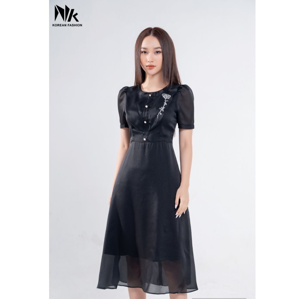 Váy Thiết Kế Nữ Dáng Xòe NK FASHION Thiết Kế Cổ Tròn Thêu Dập Ngực, Vải Hàn Cao Cấp NKDV2201004