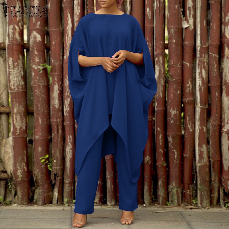 Bộ trang phục ZANZEA gồm áo cổ rộng tay cánh dơi và quần dài màu trơn cho nữ