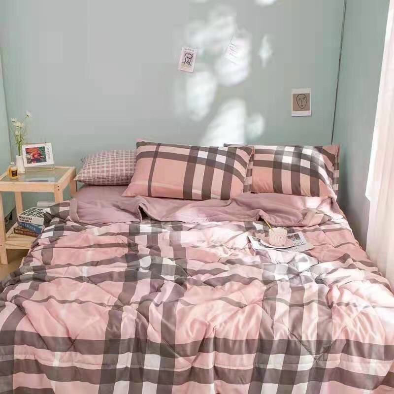 Bộ Chăn Ga Gối Cotton Đũi Kẻ Muji - Chăn Hè Chần Bông Mỏng Kích Thước 2mx2m3 Full Set 4 Món