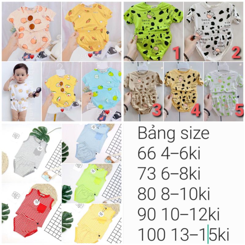 cộc tay quần chip thun lạnh bò và trái cây sơ sinh -15 kí
