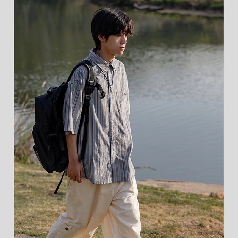 Áo Sơ Mi Tay Ngắn Họa Tiết Sọc Thời Trang Phong Cách Harajuku Cho Nam Size M-2XL