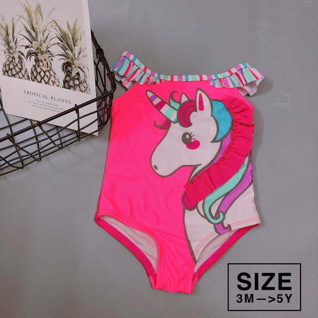 Bộ bơi hồng neon hình ngựa size:3m,18m,3y,4y