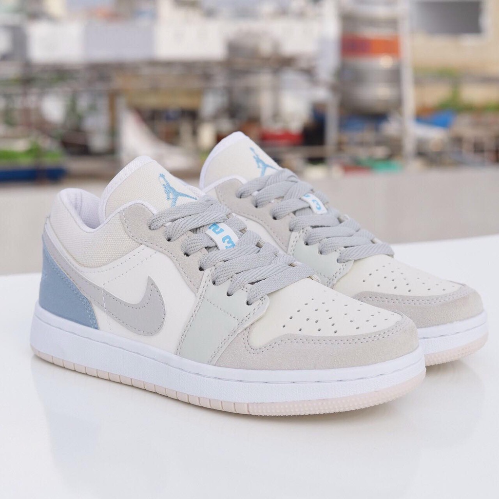 Giày Air Jordan 1 Low Paris, giày thể thao Force trắng xám gót xanh