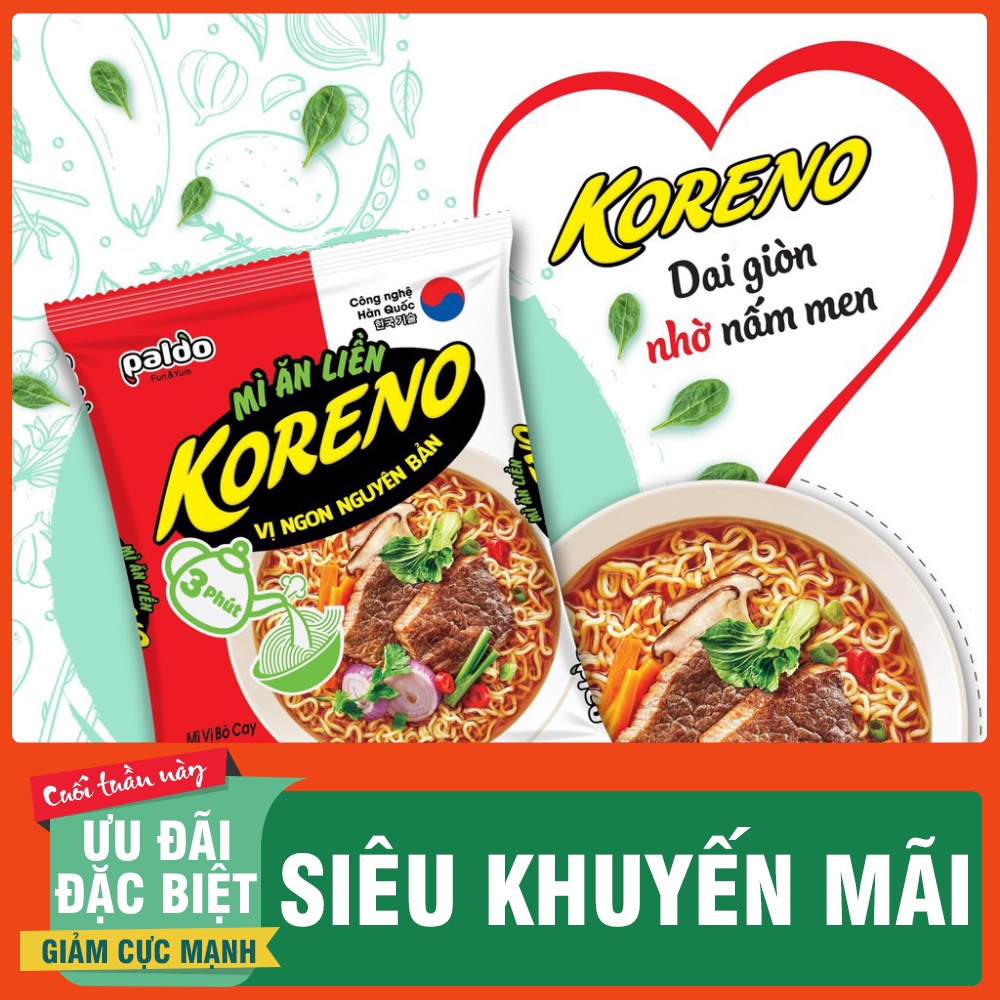 1 thùng 30 gói Mì Ăn Liền Koreno vị ngon nguyên bản Vị Kim chi/ Vị bò cay