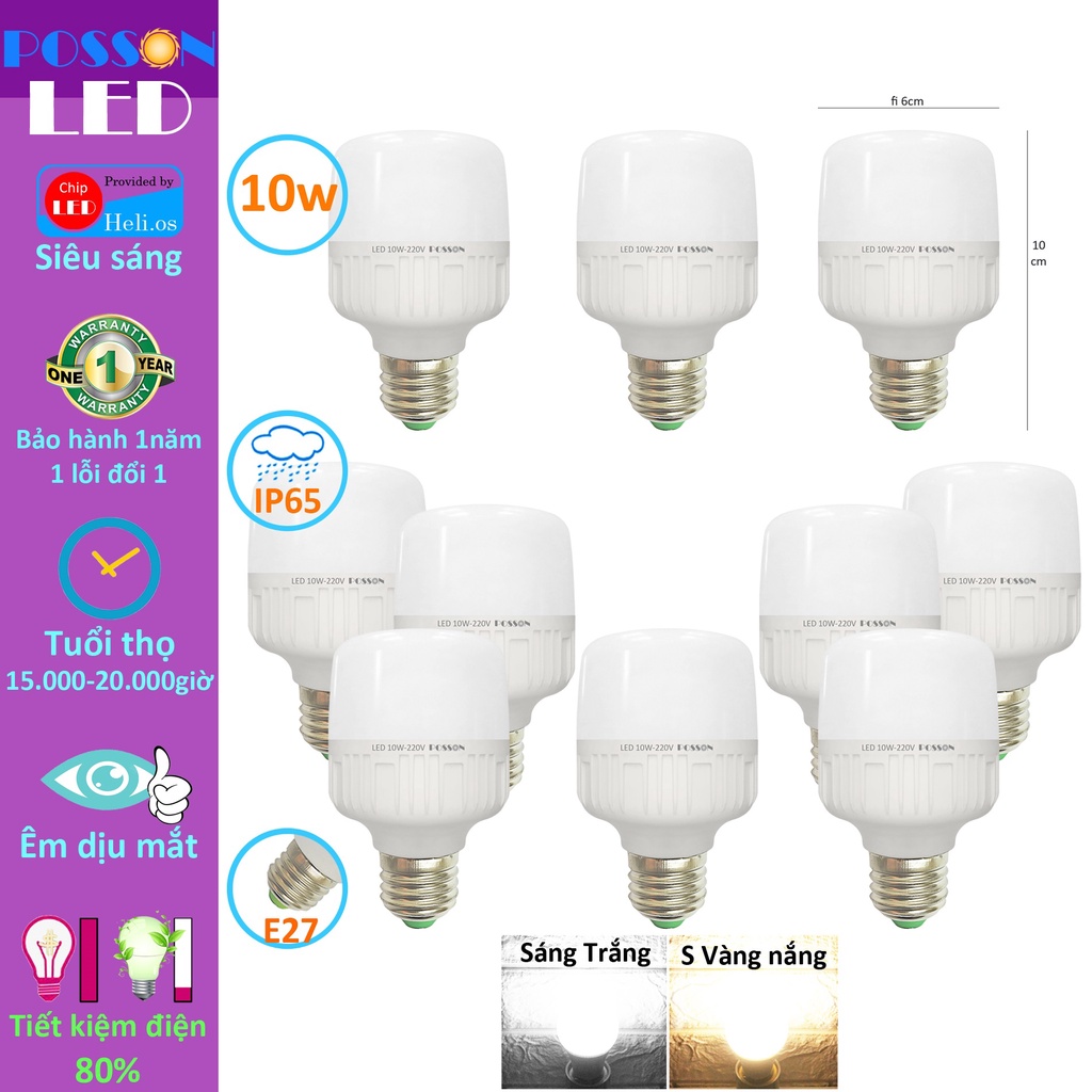 10 Bóng đèn Led trụ 9w 10w bup trụ bulb tiết kiệm điện kín chống nước Posson LC-10x