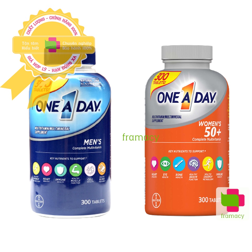 Vitamin tổng hợp One A Day Men's/Women's Multivitamin, Mỹ (300v) tăng sinh lực, miễn dịch cho nam/nữ giới dưới 50 tuổi