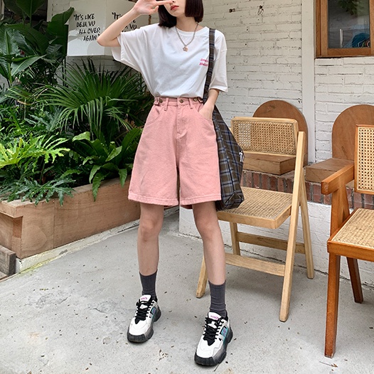 Quần short denim SUXI lưng cao màu trơn thời trang cho nữ