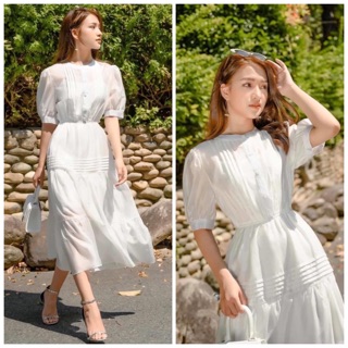 Đầm váy trắng đi tiệc cổ trụ viền xếp li (kèm hình thật)