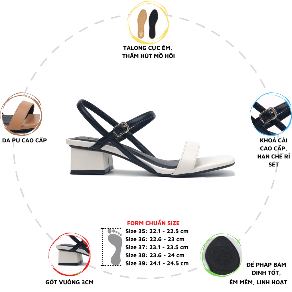 Giày Sandal cao gót đế vuông 3cm quai ngang phối màu MIX HADU C338