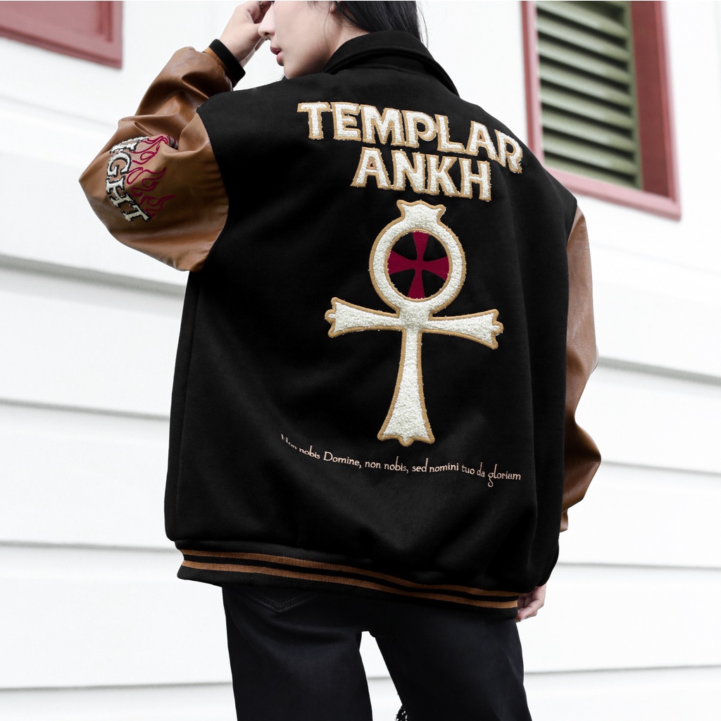 Áo Khoác Varsity Jacket Chất Liệu Dạ Tay Nâu Da Dày Dặn Cổ Bẻ Form Rộng Thoải Mái Unisex Hình Thêu Sắc Nét Màu đen