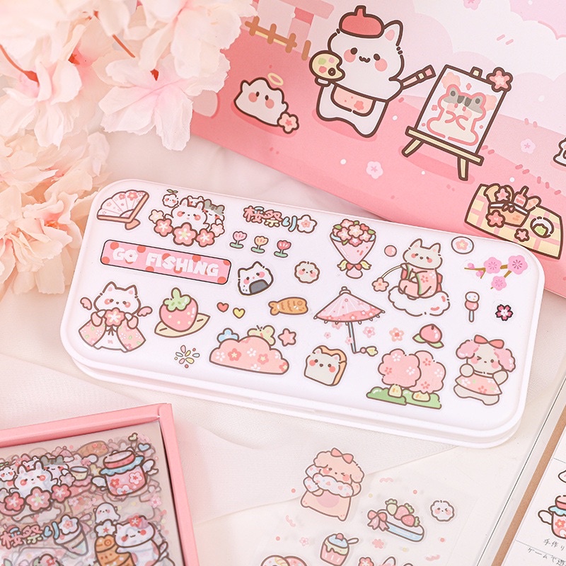 Sticker cute/Set hộp 200 tấm hình dán dễ thương Sakura Party trang trí sổ planner bullet journal Hàn Quốc Tẻn Tẻn