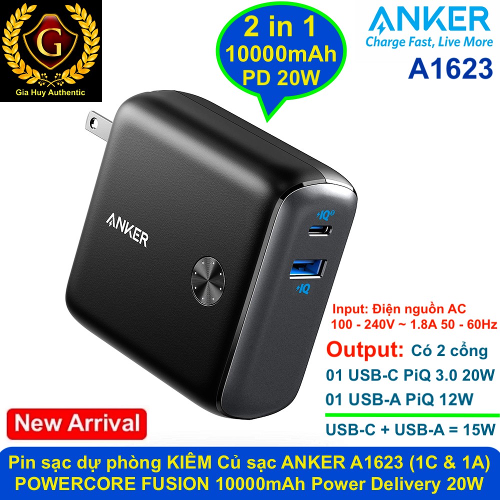 Pin sạc dự phòng KIÊM Củ sạc nhanh iPhone 12, iPad Pro ANKER A1623 (1C-1A) POWERCORE FUSION 10000mAh PiQ 3.0 Gen2 20W