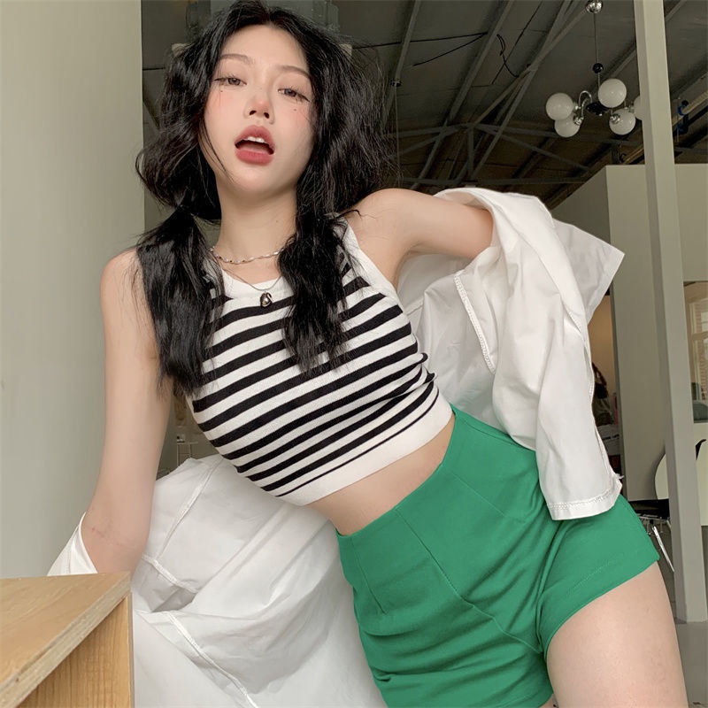 Áo Hai Dây Dáng Ngắn Họa Tiết Kẻ Sọc Màu Sắc Tương Phản Gợi Cảm Thời Trang Mùa Hè Mới Cho Nữ