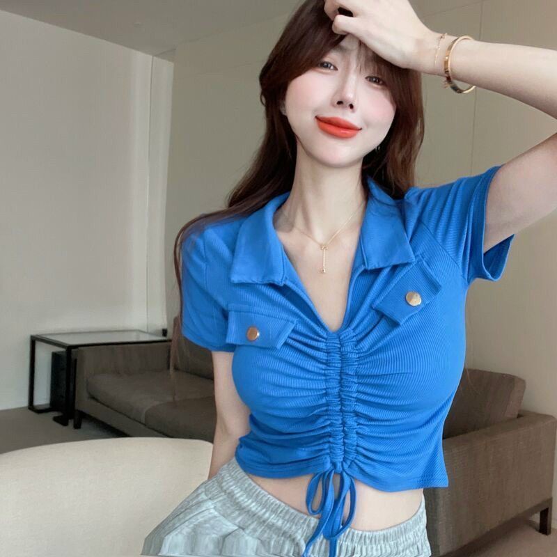 Áo thun cổ bẻ rút dây giữa phối kiểu 2 nắp A15 tay ngắn