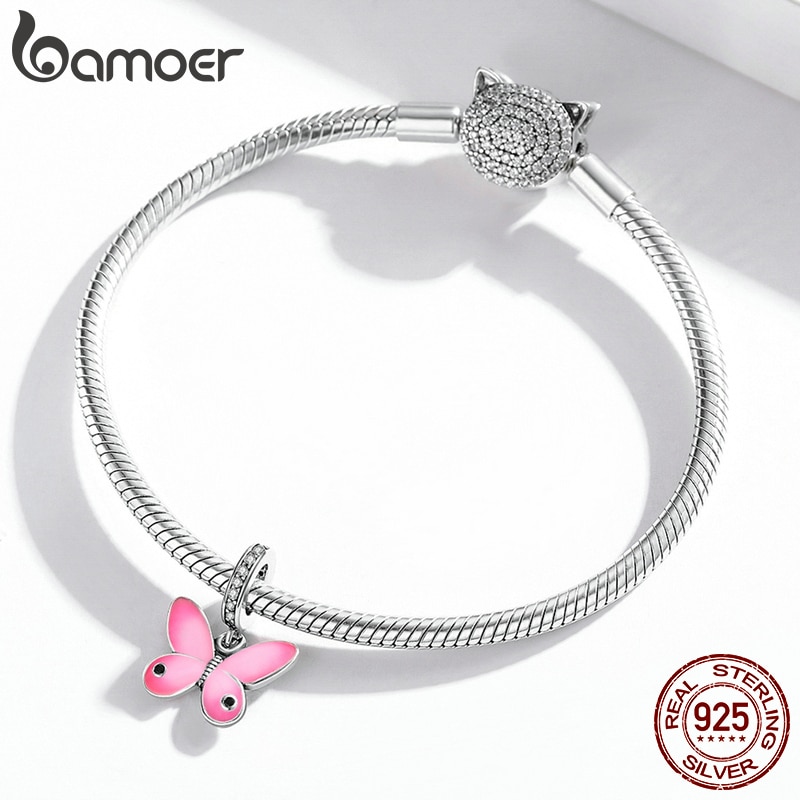 Mặt Dây Charm Hình Bướm Màu Hồng Bamoer Bằng Bạc 925 Nguyên Bản Gắn Vòng Tay Dành Cho Các Cô Gái SCC1728